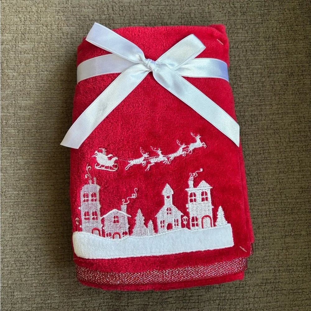 Red Holiday Towel Set with White Design